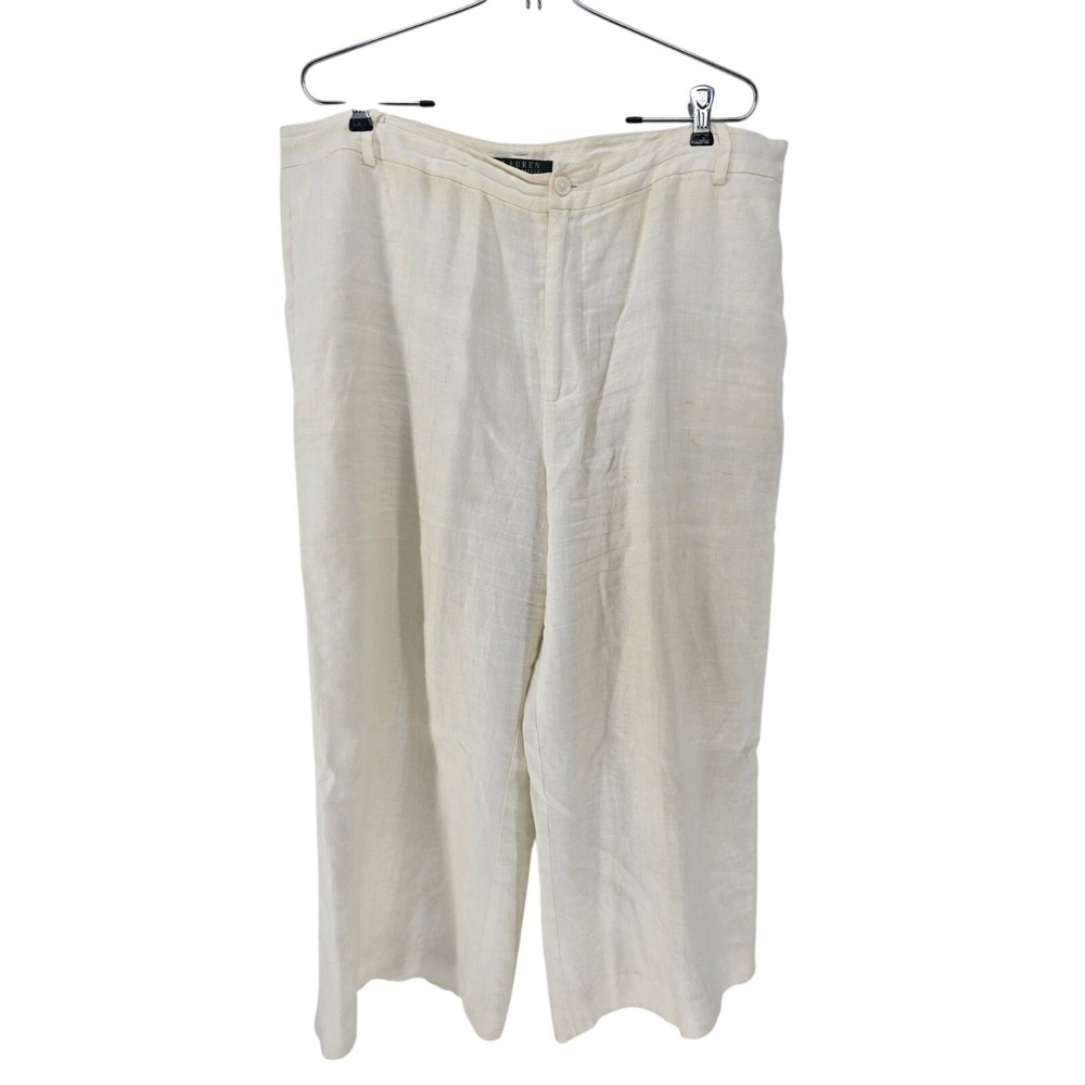 Lauren Ralph Lauren Trousers Womens 16 Cream 100% Linen Wide Leg Mid Rise Solid